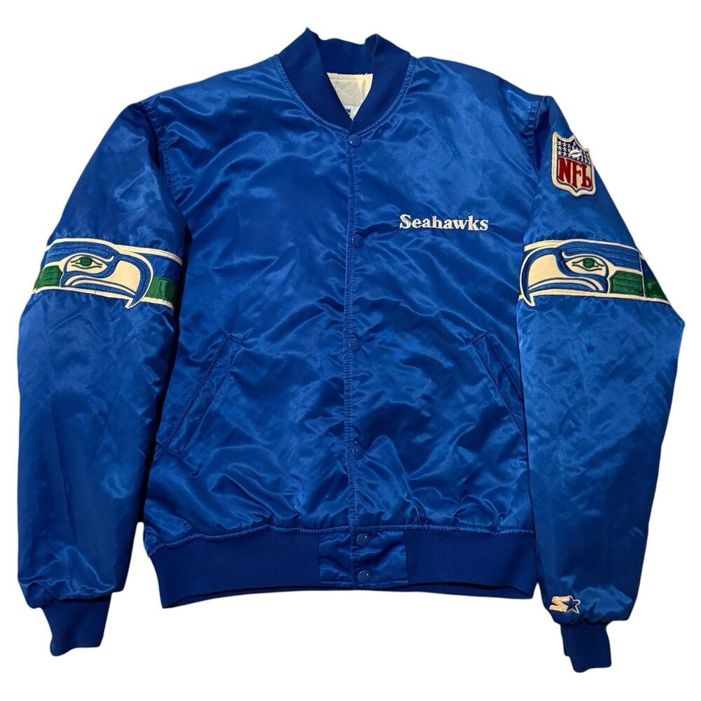Vintage 80s Seattle Seahawks Starter Satin Bomber Jacket L NFL Pro Line USA Blue